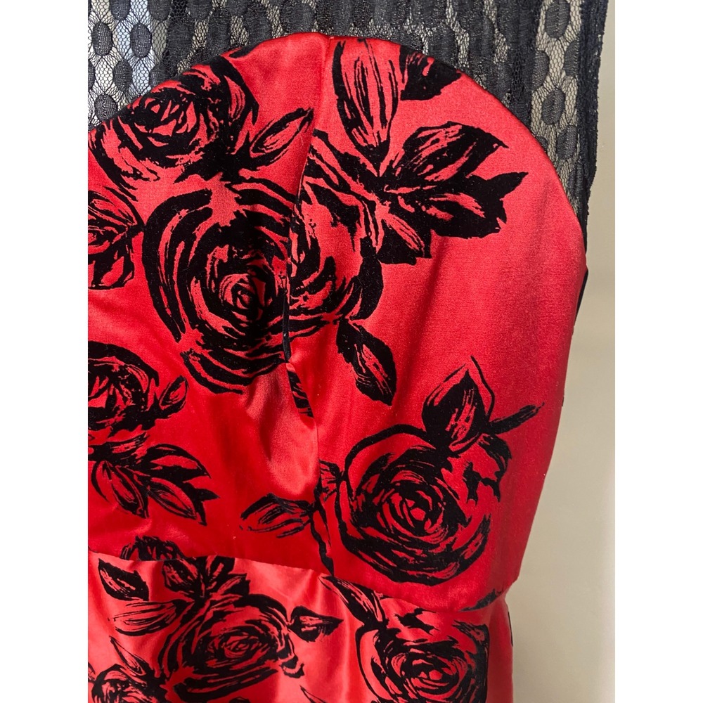 Bettie Page by Pinups Red Black Flocked Rose Lace Cocktail Dress VTG Retro XL - Picture 4 of 9